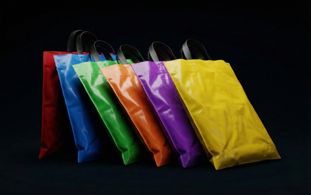 Colorful plastic shopping bags in multiple colors